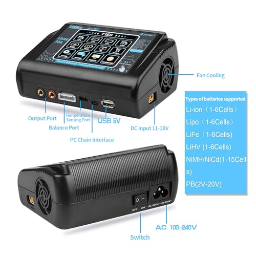 Lipo Battery Charger Touch Screen Dual RC Battery Charger Discharger AC/DC150W 10A Fast Balance Battery Chargers for 1-6S LiPo Li-ion Life LiHV NiCD NiMH PB Smart Batteries