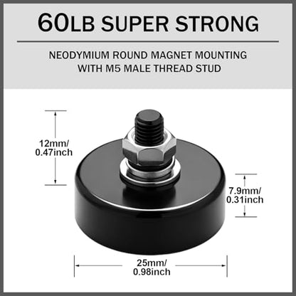 Flutesan 4 Pieces Heavy Duty Round Mounting Magnet with Bolt 0.98in-60lb-M5 Black with Male Thread Stud Strong Earth Magnet Super Powerful for Lighting Camera Brackets License Plate - color: Black, size: 0.98in-60lb-M5