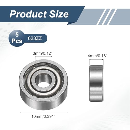 uxcell 5 Pack 623ZZ Deep Groove Ball Bearings, 3x10x4mm Chrome Steel Double Shield Bearing for Electric Motor, Home Appliances, Garden Machinery, (ABEC5) - size: 623ZZ