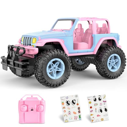 NQD Remote Control Car for Kids 1:16 Scale 80 Min Play 2.4Ghz Off Road RC Trucks with Stickers Toy Car Gift for Girls 3 4 5 6 Year Old - color: Pink and Blue
