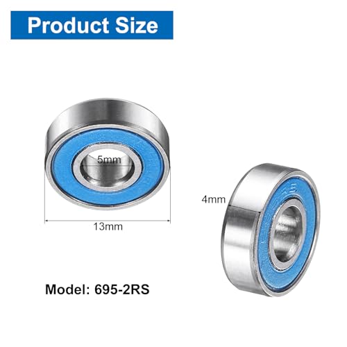 uxcell 4 Pcs 695-2RS Deep Groove Micro Bearing, 5x13x4mm Double Rubber Sealed Chrome Steel Small Bearings (ABEC5, Z4 Low Noise) - size: 695-2RS