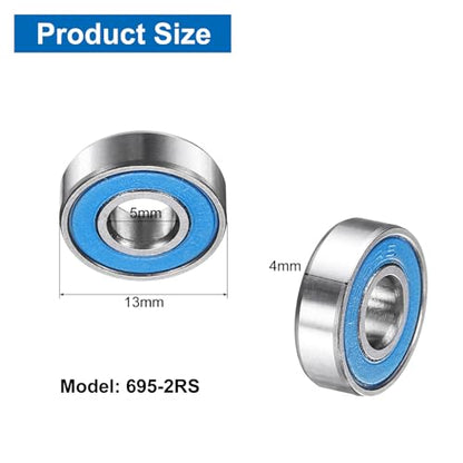 uxcell 4 Pcs 695-2RS Deep Groove Micro Bearing, 5x13x4mm Double Rubber Sealed Chrome Steel Small Bearings (ABEC5, Z4 Low Noise) - size: 695-2RS