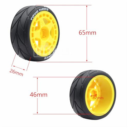 4PCS RC 1/10 On-Road Tires 65mm RC Rubber Tires w/Plastic Wheel Rim 12mm Hex Fit for 1/10 RC On-Road Rally Car HPI Tamiya TT01 TT02 Kyosho Wltoys 144001 - color: Yellow 1