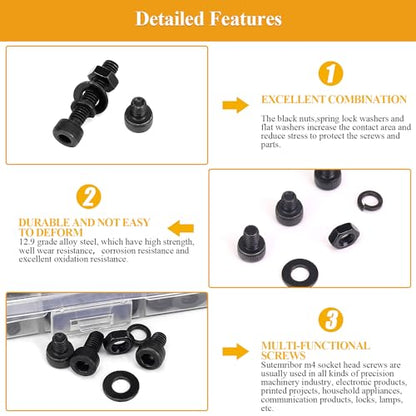 385 Pieces M4 Screws Nuts Washers Set Black, Sutemribor M4 x 5/6/8/10/12/16/20mm Hex Socket Head Cap Screws Nuts Washers Assortment Kit, 12.9 Grade Alloy Steel, Fully Threaded - size: M4, style: Socket Head
