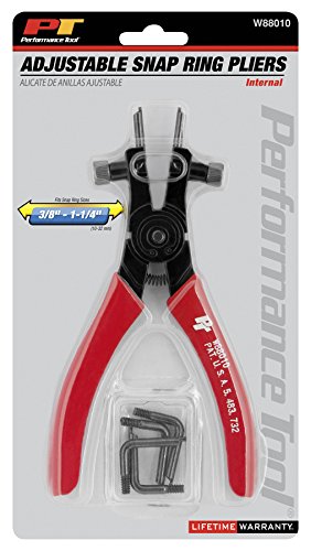 Performance Tool W88010 Adjustable Internal Snap Ring Pliers | Automotive retaining ring removal tool. Adjustable 0, 45, and 90 degree tips. Includes 3 pair of tapered tips - size: Adj. Internal Snap Ring Plier