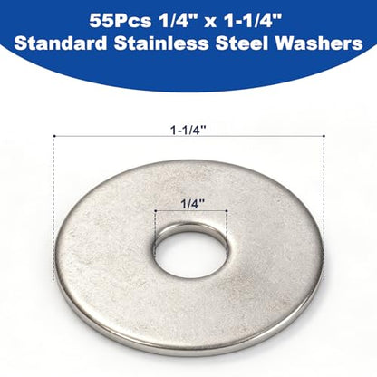 ZQZ 55Pcs 1/4" x 1-1/4" Flat Washers, 304 Stainless Steel Fender Washers, Standard Stainless Steel Washers for Screws - size: S-1/4" x 1-1/4"-55 Pieces