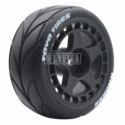 4PCS RC 1/10 On-Road Tires 65mm RC Rubber Tires w/Plastic Wheel Rim 12mm Hex Fit for 1/10 RC On-Road Rally Car HPI Tamiya TT01 TT02 Kyosho Wltoys 144001 - color: Black 1