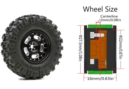 Rc 1.0 Beadlock Wheel Tires Set -2mm Offset Wheel Rims for 1/18 1/24 RC Crawler Car Axial SCX24 AX24 TRX4M FCX24 Upgrade TW1002 (Black) - color: Black