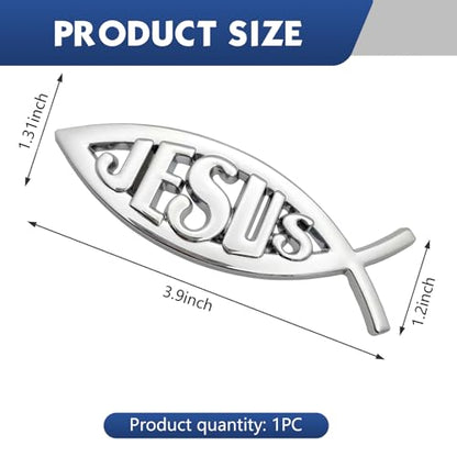 2 PCS Jesus Fish Decal, 3D Christian Car Sticker Emblem, Metallic Religious God for Jesus Christian Fish Symbol, Universal for Car Truck Fridge Wall Window Badge (Silver) - color: Silver