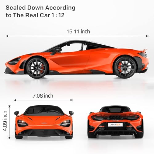 MIEBELY 1:12 Licensed McLaren 765LT RC Car 2.4G LED Toy for Kids Adults | Official license; dual 900mAh lithium; 40min playtime; 2.4G 200ft control; steering trim; left/right remote; LED lights - color: Orange