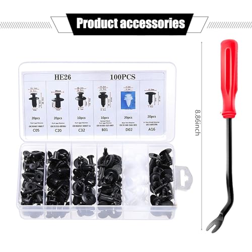 100 PCS Car Bumper Retainer Clips, Rivet Clip with Removal Tool, Fasteners Replacements, Push-in Vehicle Parts, Automotive Repair Kit, Universal for Most Cars, Trucks, SUVs (Multicolored)