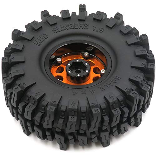RC Soft Sticky 1.9 Mud Slingers Tires 120mm & 1.9 Beadlock Wheels Orange Black Rims, 1.9 Crawler Tires and Wheels for 1/10 rc Crawler Traxxas TRX4 Axial SCX10 Gen8, (4-Pack) - color: Orange & Black