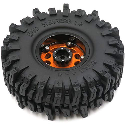 RC Soft Sticky 1.9 Mud Slingers Tires 120mm & 1.9 Beadlock Wheels Orange Black Rims, 1.9 Crawler Tires and Wheels for 1/10 rc Crawler Traxxas TRX4 Axial SCX10 Gen8, (4-Pack) - color: Orange & Black