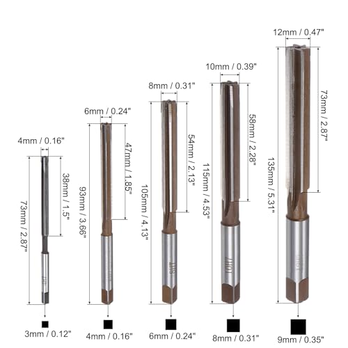 uxcell 5pcs Hand Reamers Set 4mm 6mm 8mm 10mm 12mm H7 Metric Alloy Steel Reamer Bit Straight Flutes Steel Cutting Tool for Metal Wood Hole Reaming