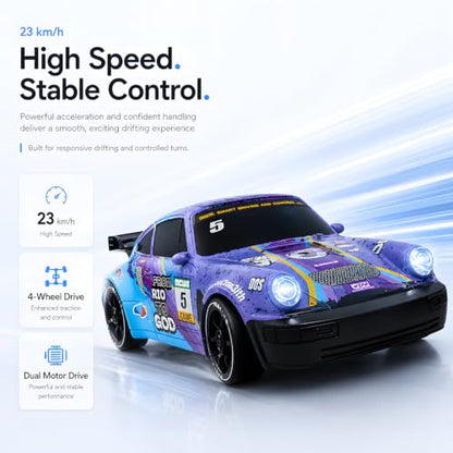 RC Drift Car, 1:24 Scale Remote Control Vehicle with LED Lights,Drifting Tires＆Two Batteries, Racing Sports Toy Idea Gift for Adults Boys Girls and Kids - color: Purple