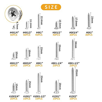 VIGRUE 450Pcs Stainless Steel Wood Screws Set #4#6#8#10#12 Phillips Flat Head Sheet Metal Screw Self Tapping Screws Assortment Kit, Length 1/4" to 2" - style: 450Pcs Pan Head #4#6#8#10#12