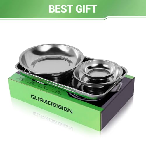 GURADESIGN Magnetic Tray 4-Piece, Large Magnetic Parts Tray and Round Magnetic Parts Tray Set, Stainless Steel Heavy Duty 9.5" W x 5.5''L Square and 6" 4" 3"Round Tools Tray