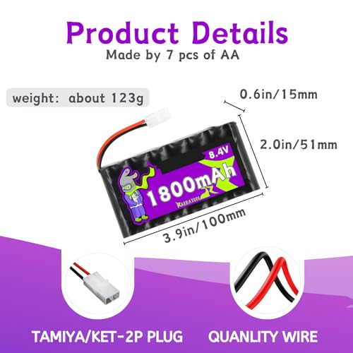 8.4V 1800mAh Ni-Cd Rechargeable Battery with KET2P/TAMIYA Plug(White),Fit for 1/14 1/18 1/20 High Speed Remote Control Car Off Road RC Trucks Toy with Charger(7*AA)