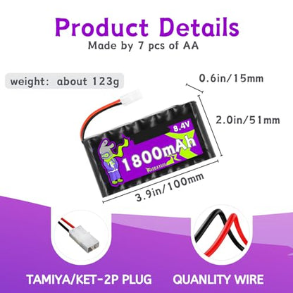 8.4V 1800mAh Ni-Cd Rechargeable Battery with KET2P/TAMIYA Plug(White),Fit for 1/14 1/18 1/20 High Speed Remote Control Car Off Road RC Trucks Toy with Charger(7*AA)