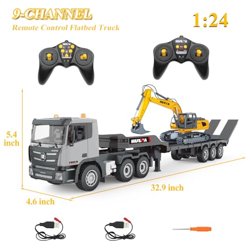 Fistone RC Semi Truck & Excavator Set, 2.4Ghz Remote Control Toys, 1:24 RC Semi-Trailer Engineering Tractor With Sound and Lights, Construction Vehicles for Boys - color: Gray