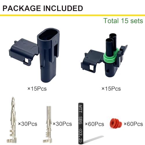 18-14 AWG 2 Pin Connector Waterproof Weather Pack Connectors Kit, 15 Set | Twippo 2 Wire WeatherPack Male and Female Automotive Electrical Wire Connectors Plug Terminals with 60pcs Shrink Tubing Kit - size: 18-14AWG 15Set