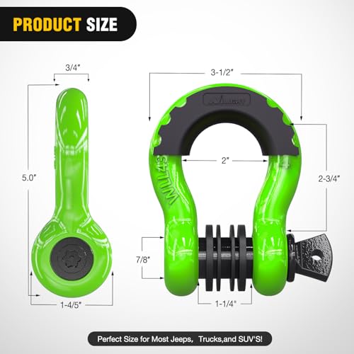 Nilight 3/4" D Ring Anti-Theft Shackle Tow Hook Jeep Truck SUV ATV UTV | Off Road Recovery Gear 19T 41,887 lbs Break Strength 4.75T WLL Rust-Resistant Anti-Rattle Isolators Heavy Duty Green 2pack - color: Green 3/4" w/Anti-Theft Shackle, size: Shackle