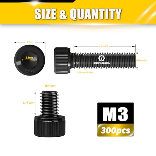 M3 x 6mm Screws 300pcs, Hex Socket Head Cap Screws Bolts, M3 x 6 Bolts 12.9 Grade Alloy Steel, Black Zinc Plated, Allen Socket Drive, Fully Threads, Machine Screws - size: M3*6mm 300pcs