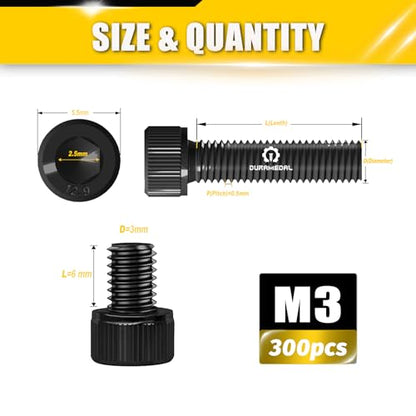 M3 x 6mm Screws 300pcs, Hex Socket Head Cap Screws Bolts, M3 x 6 Bolts 12.9 Grade Alloy Steel, Black Zinc Plated, Allen Socket Drive, Fully Threads, Machine Screws - size: M3*6mm 300pcs