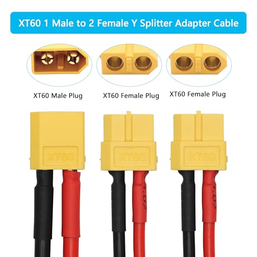 XT60 Parallel Battery Connector Cable, 12AWG XT60 Y Splitter Adapter Cable | 2Pcs XT60 RC Lithium Paralle Power Cord 1FT, 1 Male to 2 Female Y Splitter Adapter Cable, Plug and Play, for RC Multicopter - style: XT60 1 Male to 2 Female Cable