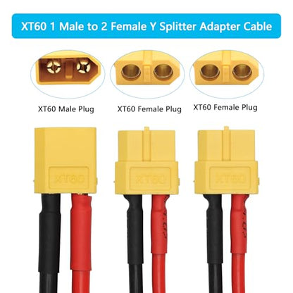 XT60 Parallel Battery Connector Cable, 12AWG XT60 Y Splitter Adapter Cable | 2Pcs XT60 RC Lithium Paralle Power Cord 1FT, 1 Male to 2 Female Y Splitter Adapter Cable, Plug and Play, for RC Multicopter - style: XT60 1 Male to 2 Female Cable
