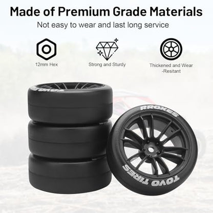 12mm RC Drift Tires and Wheels, daitoku 1/10 RC Rally Racing Tires for Tamiya Traxxas HPI KYOSHO XV02 XV01 TT01 TT02 PTG2 A959 - Style D (Black) - color: Black