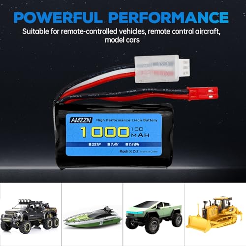2PCS 7.4V 1000mAh 2S JST Plug Li-ion Battery with 2-in-1 Charger for RC Car,Stunt Flip Vehicle,Truck,Engineering Vehicle,RC Boat,Excavator,Toy Car Model,Off-Road Vehicle Battery