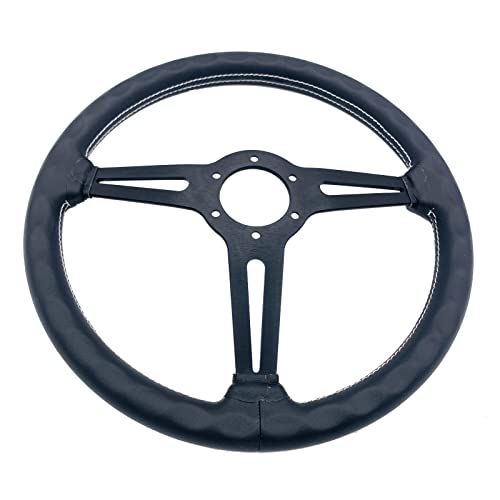 Universal Flat Drift 6 Bolts Steering Wheel Wrapped Genuine Leather Grip | 14 inch Sport Racing Steering Wheel with White Stitching Black Spokes - color: 5126H-black