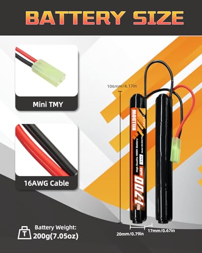 Hilldow 9.6V NiMH Airsoft Battery 1700mAh Rechargeable Battery with Mini TMY Plug RC Battery for Airsoft Guns(2 Pack)
