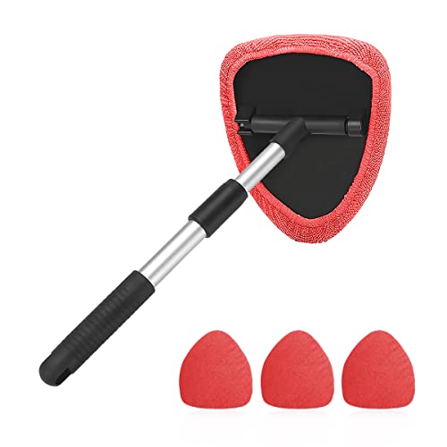 Windshield Cleaning Tool, Car Window Cleaner with Extendable Long Handle and 4 Washable Reusable Microfiber Pads, Auto Interior Exterior Glass Wiper Cleaning Kit Universal for Office and Home (Red) - color: Red
