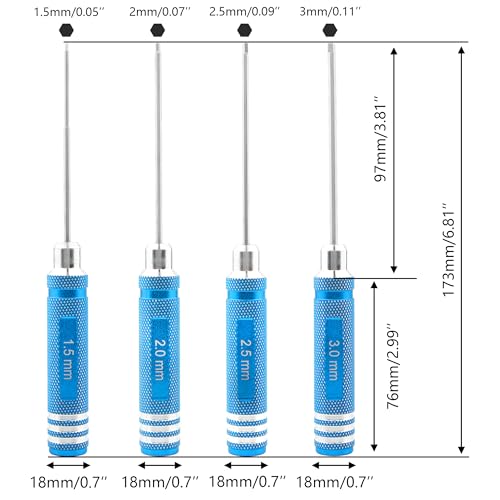 4 Pieces Hex Screw Driver Set 1.5mm 2.0mm 2.5mm 3.0mm Allen Wrench Keys Screwdriver Kit RC Repair Tools for Traxxas RC Car Drone Multi-Axis Helicopter Arrma Axial Losi Redcat Racing (Blue) - color: Blue