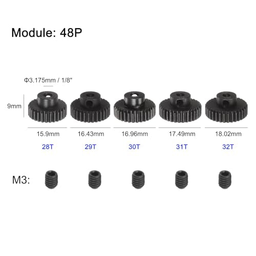 uxcell 48P Pinion Gear Set 3.175mm (1/8") Shaft 28T 29T 30T 31T 32T Motor Gears Hardened Steel Spur Pinion Gear with Step for RC Car (5pcs)