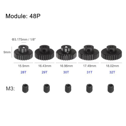 uxcell 48P Pinion Gear Set 3.175mm (1/8") Shaft 28T 29T 30T 31T 32T Motor Gears Hardened Steel Spur Pinion Gear with Step for RC Car (5pcs)