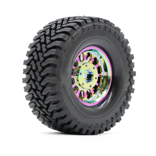 1.3” Brass Beadlock Wheels & All-Terrain Tires Set for 1/18 1/24 RC Crawler TRX4M, Axial SCX24 / AX24, Redcat Ascent-18, FMS FCX24, -5.40mm Offset, 7mm Hex, 4 pcs, Iridescent Green - color: Iridescent-green