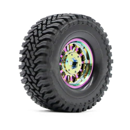 1.3” Brass Beadlock Wheels & All-Terrain Tires Set for 1/18 1/24 RC Crawler TRX4M, Axial SCX24 / AX24, Redcat Ascent-18, FMS FCX24, -5.40mm Offset, 7mm Hex, 4 pcs, Iridescent Green - color: Iridescent-green