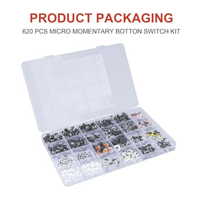 620 Pcs 24 Value Micro Momentary Tactile Switch Assortment Kit | Push Button Switch Set, Made of Plastic, Metal - style: 620 Pcs 24 Value