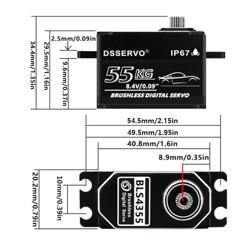 55kg Low Profile Brushless Servo with 2PCS 25T Servo Horn All Metal IP67 Waterproof Digital Servo High Torque Fast Steering Servo for 1/8 1/10 1/12 1/14 RC Car, 270°