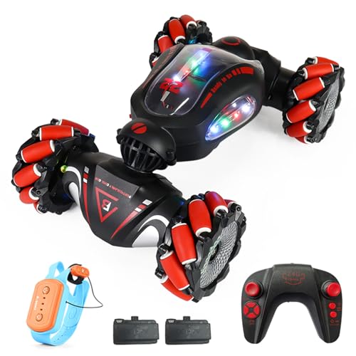 HUIOP Stunt Car 2.4GHz Car Spray Car with Function Lateral Movement,Breathing Light,Deformation,Double-Sided Driving,Wrist Watch-Dual - color: Red, size: 2 battery