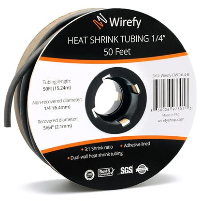 Wirefy | Heat Shrink Tubing - 1/4" inch - 3:1 Ratio - Adhesive Dual Wall Waterproof - Heat Shrink Tube - Heatshrink Tubes - Black - 50 Feet Roll | Trusted UL Certification - color: Black, size: 1/4" - 50 Feet