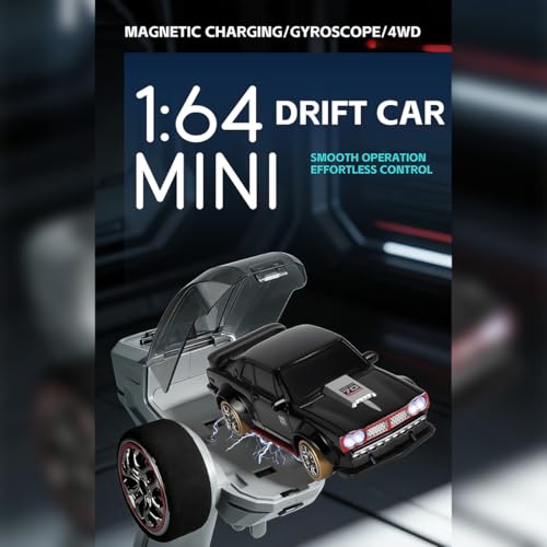 1/64 Scale 2.4G Full-Scale 4WD RC Drift Car, Gyro-Stabilized Steering, Magnetic Charging, Two-Speed Modes (Black) - color: Black