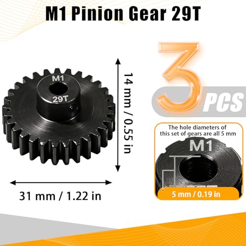 M1 Gear 29T 5mm Bore 3-Pack – High-Precision Hardened Steel Motor Pinion Gear for 1/8 1/10 RC Crawler, Monster Truck, Short Course Truck & Boat (Compatible with Traxxas Axial, FMS, HSP Redcat Losi) - style: M1 3Pcs 29T
