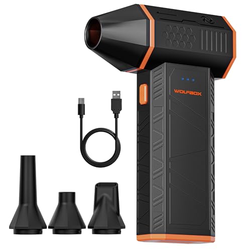 WOLFBOX MegaFlow 50 Compressed Air Duster, 110,000 RPM, 3-Gear Adjustable | Electric, Mini Blower, Fast Charging, Computer, Keyboard, House, Outdoor, Car, 0.45 lb Lightweight, 4 Nozzles