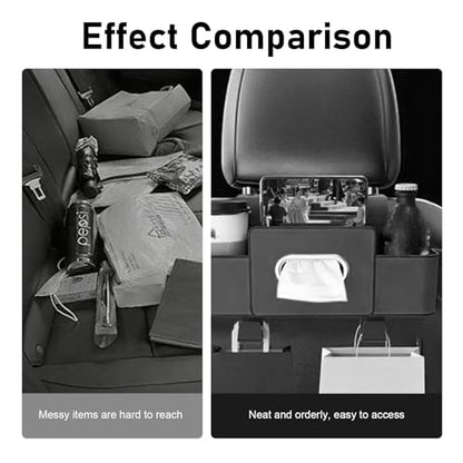 4-in-1 Back Seat Car Organizer, Multifunctional Hanging Back Seat Storage Box, Partition Design with Phone Holder Tissue Box Cup Holders Hooks, Universal for Most Cars SUVs Trucks (Black) - color: Black