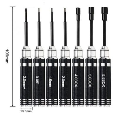 Mini RC Hex Screwdriver Nut Driver Set 7pcs for 1/18 1/24 TRX4M SCX24 FCX24 | 7 tools: 1.27/1.5/2.0mm hex, 4.0/5.0/5.5mm nut drivers, Phillips 2.0mm. Aluminum handles, steel bits. For TRX4M SCX24 FCX24.