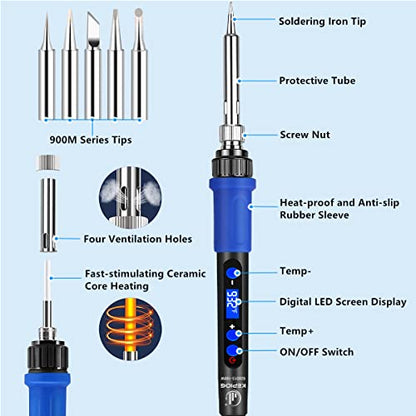 Soldering Iron Kit, 100W High-Power LCD Digital Soldering Iron, Circuit Board Repair Soldering Kit with Magnifying Glass Helping Hands, Adjustable Temperature Solder Welding Tools - color: Blue (12-in-1 Soldering Iron Kit)